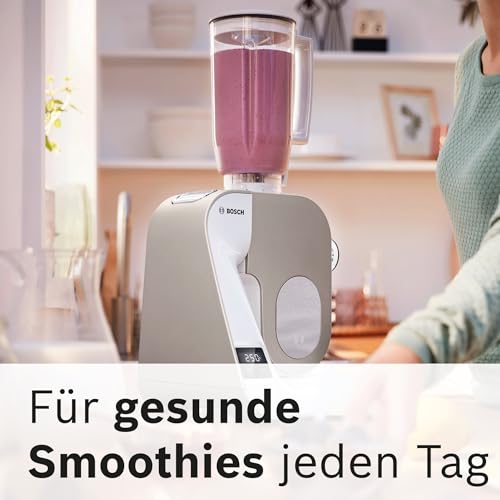 Bosch Küchenmaschine MUM5 MUM5XW20, Edelstahl-Schüssel 3,9 L, integrierte Waage, Mixer 1,25 L, Profi-Knethaken, Schnee-, Silikonbesen, Durchlaufschnitzler, 4 Scheiben, 1000 W, weiß