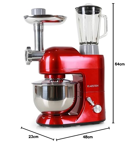Klarstein Knetmaschine Küchenmaschine mit Fleischwolf, 2000W Teigmaschine Klein, 6 Stufen, Schneebesen Rühr- & Knethaken, Planetenrührwerk, Rührmaschine mit Mixer, Küchenmaschinen mit 5L Schüssel