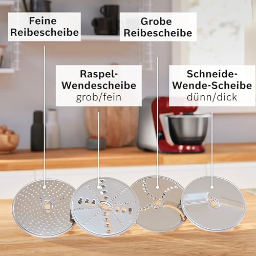 Bosch Küchenmaschine MUM5 MUM5XW20, Edelstahl-Schüssel 3,9 L, integrierte Waage, Mixer 1,25 L, Profi-Knethaken, Schnee-, Silikonbesen, Durchlaufschnitzler, 4 Scheiben, 1000 W, weiß
