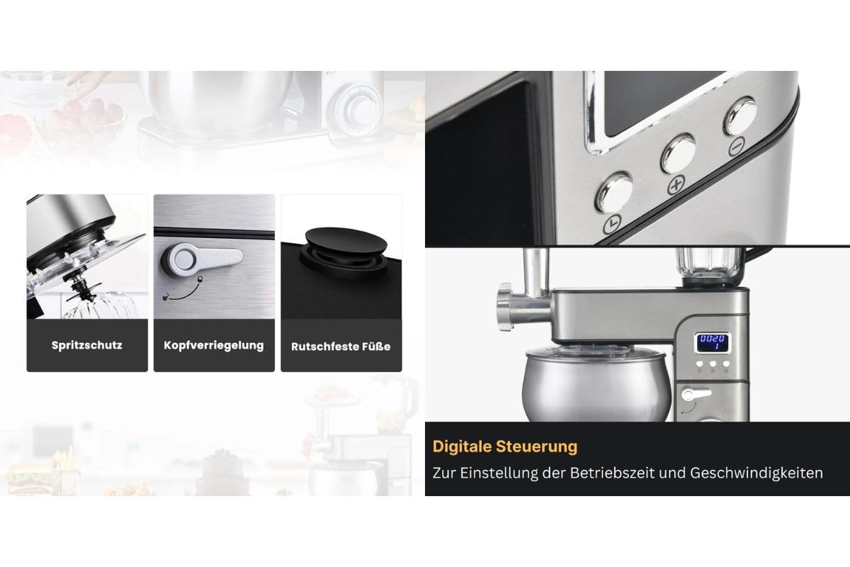 KB ELEMENTS 4-in-1 Küchenmaschine - Multifunktions Küchenmaschine – 2500W – Mit Fleischwolf, Mit Pasta set, Timer - Digitale Steuerung - 1,5L Entsafter, Gemüseschneider – Knetmaschine, Edelstahl