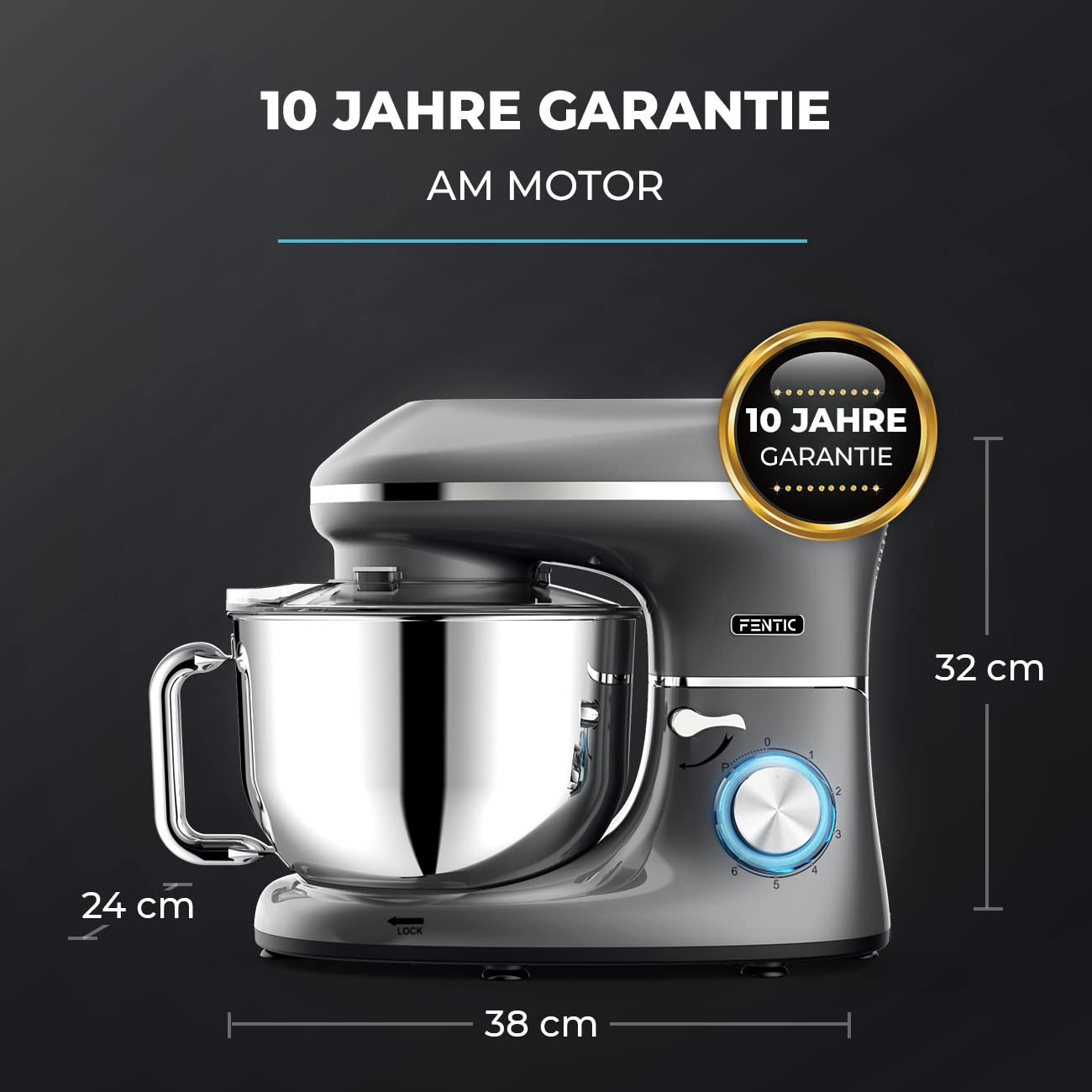 Fentic Küchenmaschine - 2000W - Edelstahl Rührschüssel (6,2 L) - Knetmaschine mit Rührhaken, Knethaken, Schlagbesen und Spritzschutz - Inkl. zusätzlichem Zubehör - Anthrazit