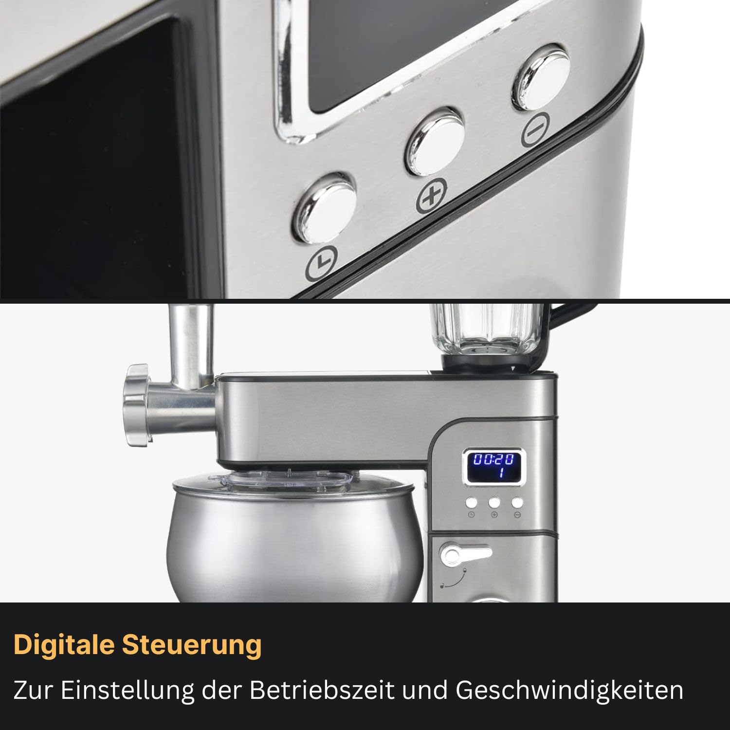 KB ELEMENTS 4-in-1 Küchenmaschine - Multifunktions Küchenmaschine – 2500W – Mit Fleischwolf, Mit Pasta set, Timer - Digitale Steuerung - 1,5L Entsafter, Gemüseschneider – Knetmaschine, Edelstahl