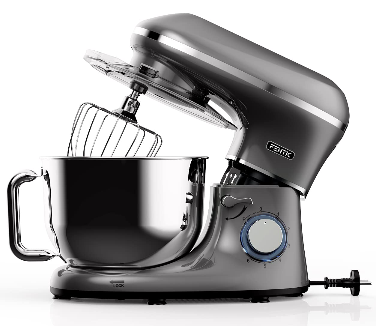 Fentic Küchenmaschine - 2000W - Edelstahl Rührschüssel (6,2 L) - Knetmaschine mit Rührhaken, Knethaken, Schlagbesen und Spritzschutz - Inkl. zusätzlichem Zubehör - Anthrazit