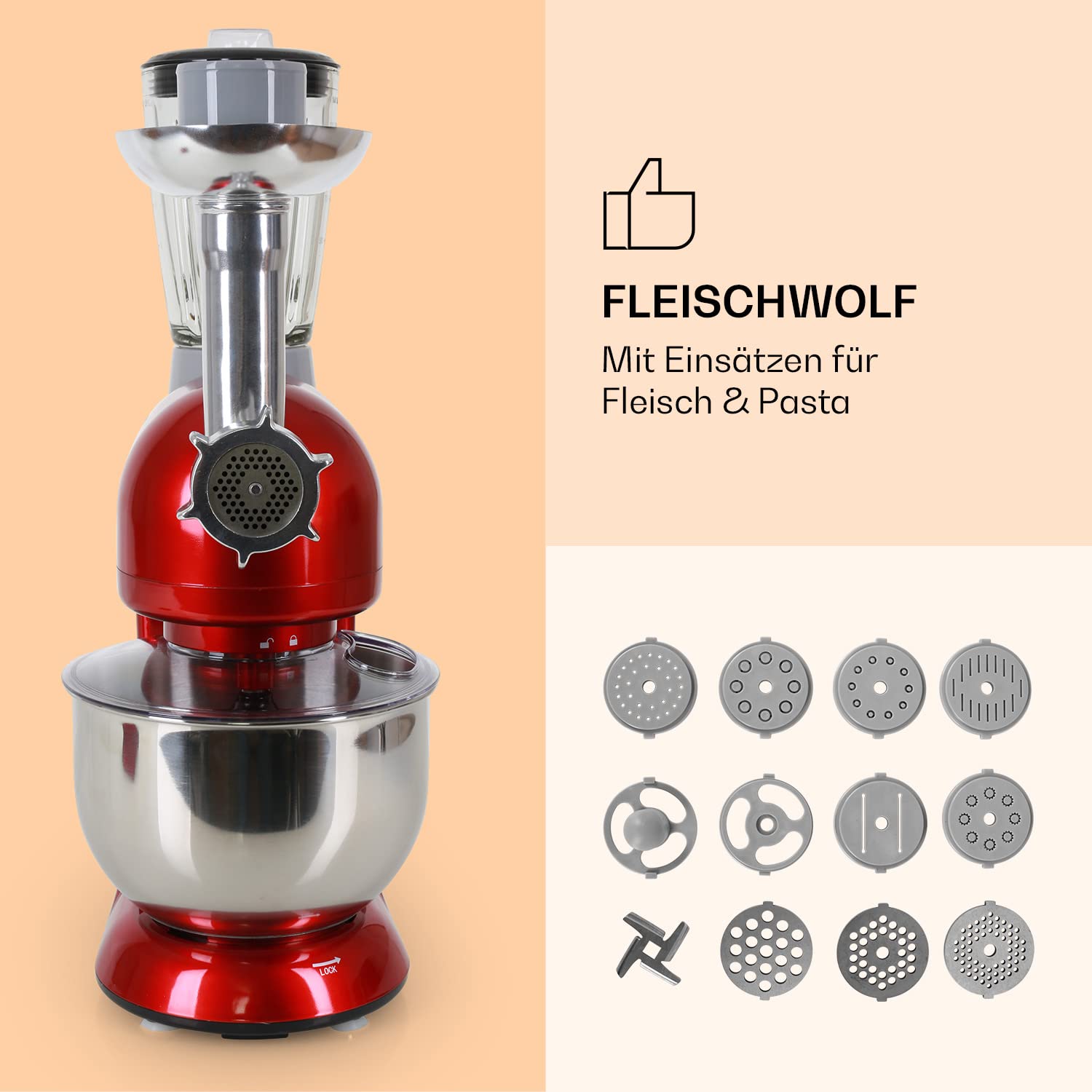 Klarstein Knetmaschine Küchenmaschine mit Fleischwolf, 2000W Teigmaschine Klein, 6 Stufen, Schneebesen Rühr- & Knethaken, Planetenrührwerk, Rührmaschine mit Mixer, Küchenmaschinen mit 5L Schüssel