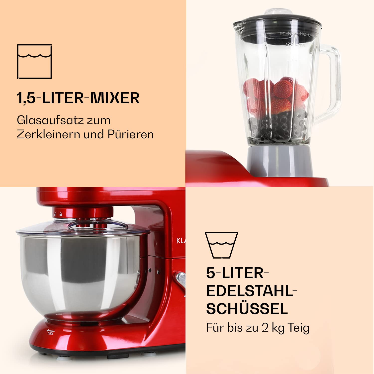 Klarstein Knetmaschine Küchenmaschine mit Fleischwolf, 2000W Teigmaschine Klein, 6 Stufen, Schneebesen Rühr- & Knethaken, Planetenrührwerk, Rührmaschine mit Mixer, Küchenmaschinen mit 5L Schüssel