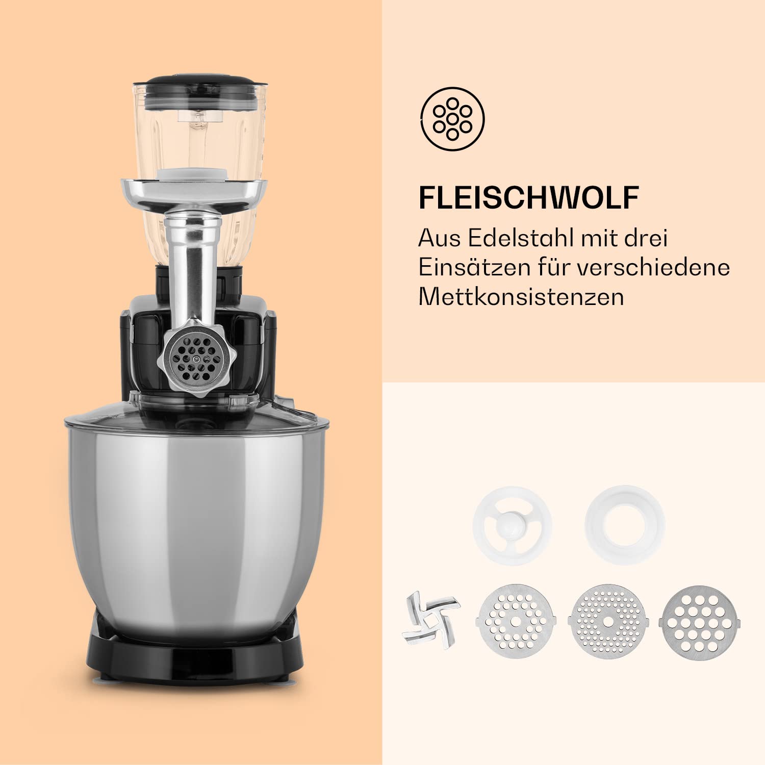 Klarstein Küchenmaschine, Universalküchenmaschinen, 3-in-1 Küchenmaschinen, Rührgeräte & Mixer, Teigmaschine mit Fleischwolf, Küchenmaschine, Teigmaschine Knetmaschine 10L Schüssel, 2000W