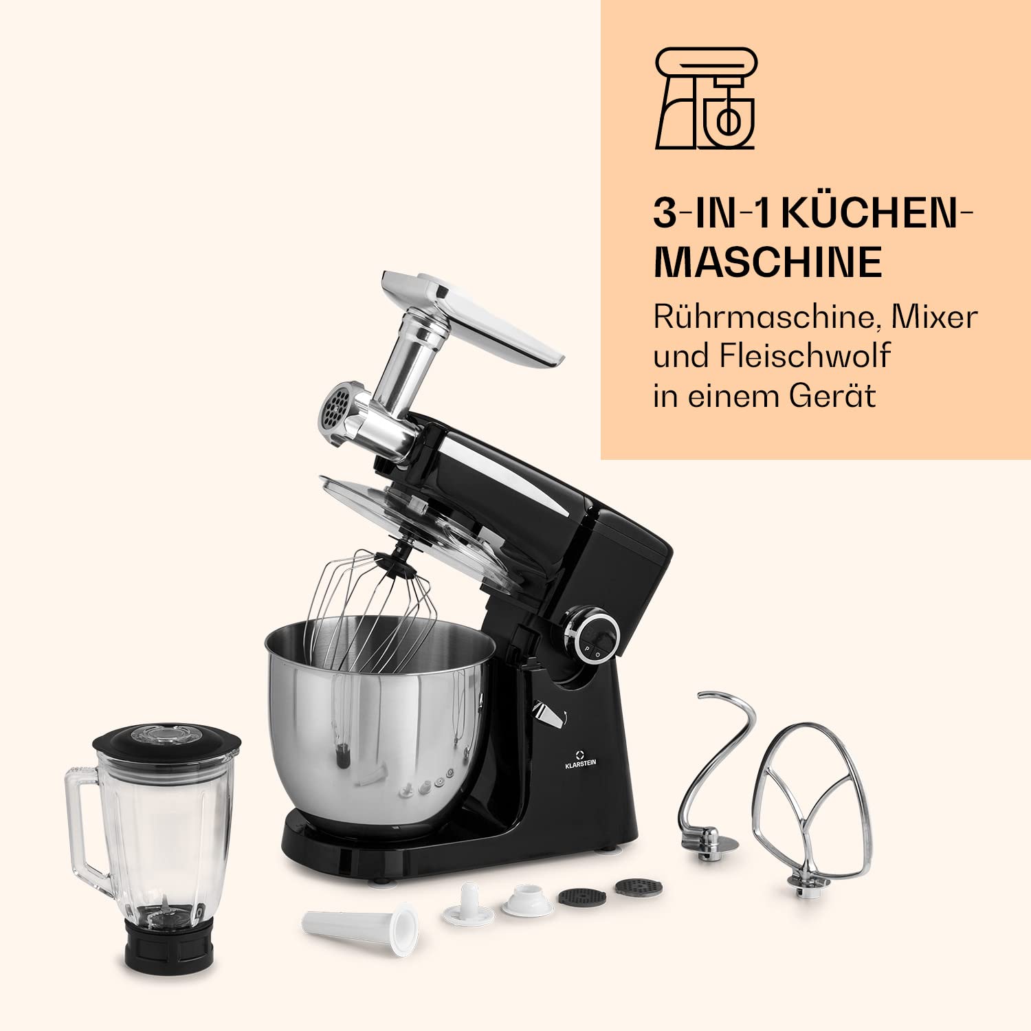 Klarstein Küchenmaschine, Universalküchenmaschinen, 3-in-1 Küchenmaschinen, Rührgeräte & Mixer, Teigmaschine mit Fleischwolf, Küchenmaschine, Teigmaschine Knetmaschine 10L Schüssel, 2000W