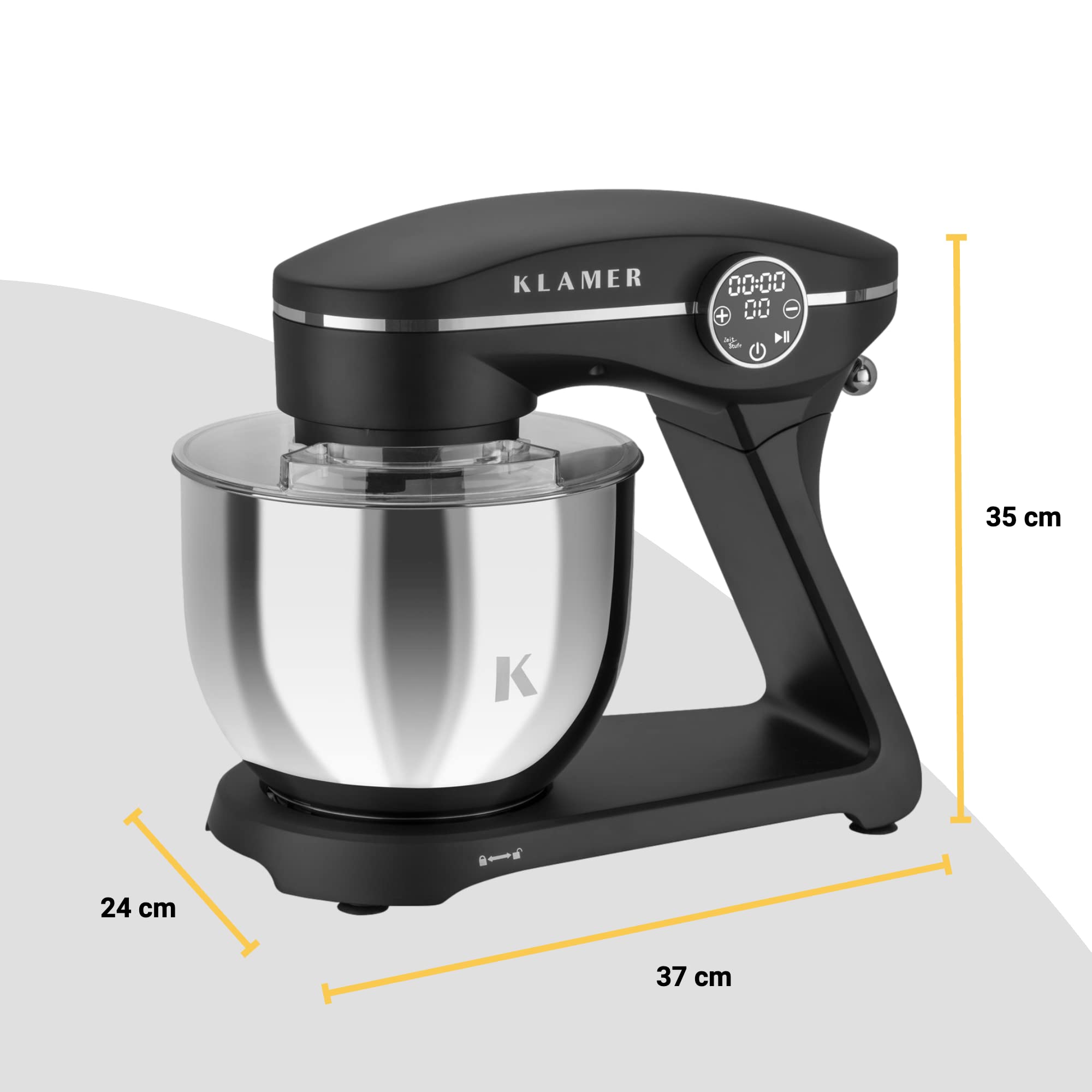 KLAMER Küchenmaschine 1800W, Knetmaschine Brotteig mit Edelstahl-Rührschüssel 6 L, 10 Stufen mit Timer, Planetenrührwerk, Rührbesen, Knethaken, Schneebesen & Sichtdeckel (schwarz)