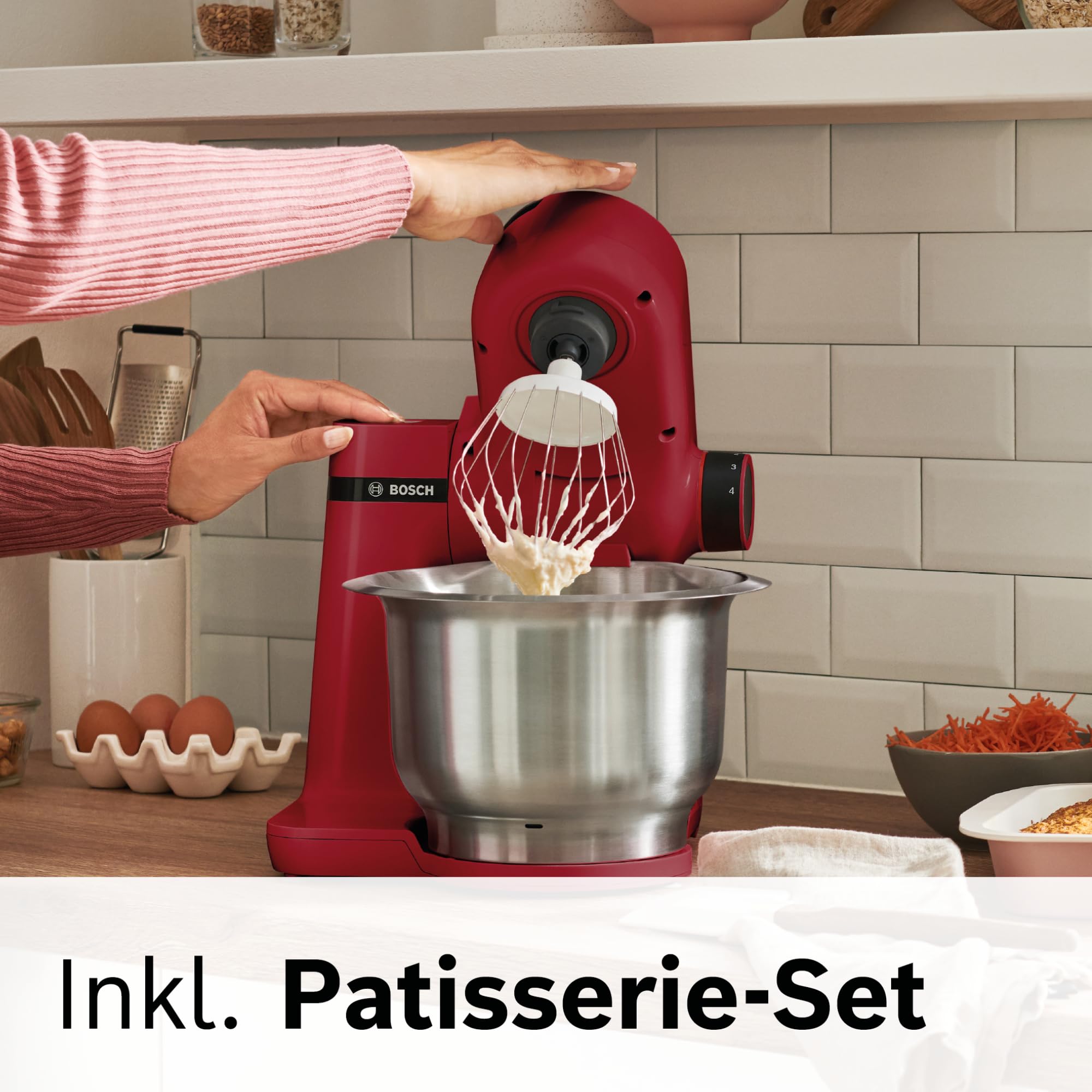 Bosch Küchenmaschine MUM Serie 2 MUMS2ER01, Edelstahl-Schüssel 3,8 L, Planetenrührwerk, Knethaken, Schlag-, Rührbesen Edelstahl, Durchlaufschnitzler, 3 Scheiben, 700 W, rot
