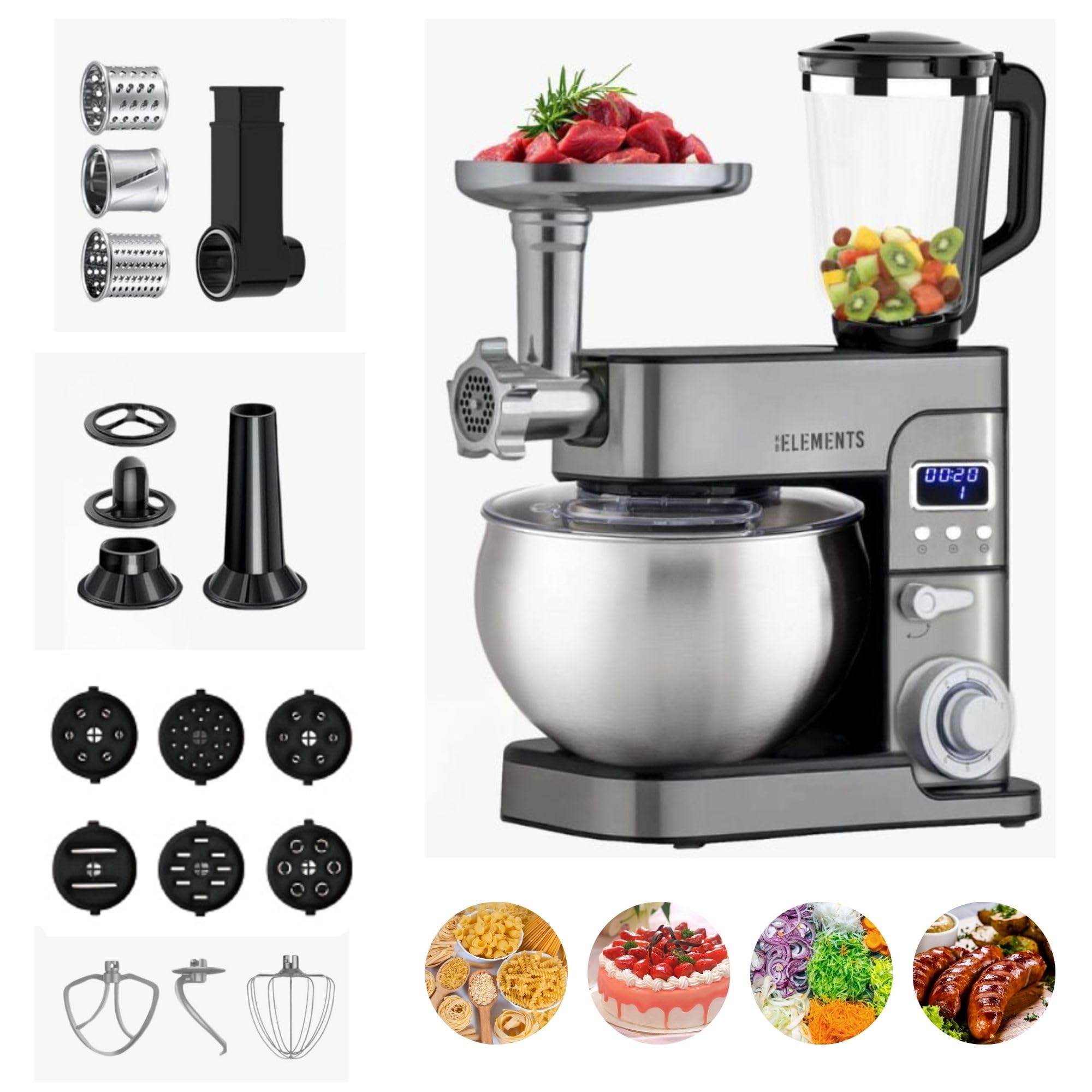 KB ELEMENTS 4-in-1 Küchenmaschine - Multifunktions Küchenmaschine – 2500W – Mit Fleischwolf, Mit Pasta set, Timer - Digitale Steuerung - 1,5L Entsafter, Gemüseschneider – Knetmaschine, Edelstahl