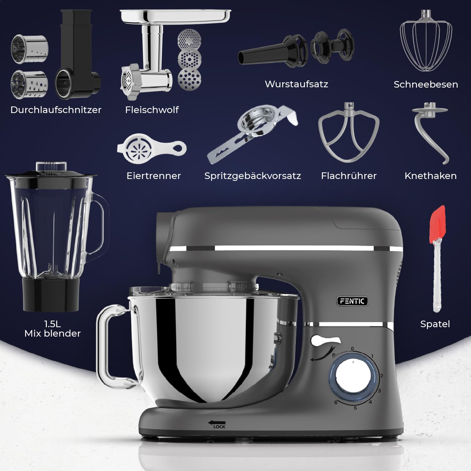 Fentic 6-in-1 Küchenmaschine – 2000W – Mit Fleischwolf, 1,5L Entsafter, Gemüseschneider und Mehr – Knetmaschine mit 6,2L Rührschüssel, Rührhaken, Knethaken, Schlagbesen und Spritzschutz (Anthrazit)