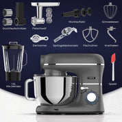 Fentic 6-in-1 Küchenmaschine – 2000W – Mit Fleischwolf, 1,5L Entsafter, Gemüseschneider und Mehr – Knetmaschine mit 6,2L Rührschüssel, Rührhaken, Knethaken, Schlagbesen und Spritzschutz (Anthrazit)