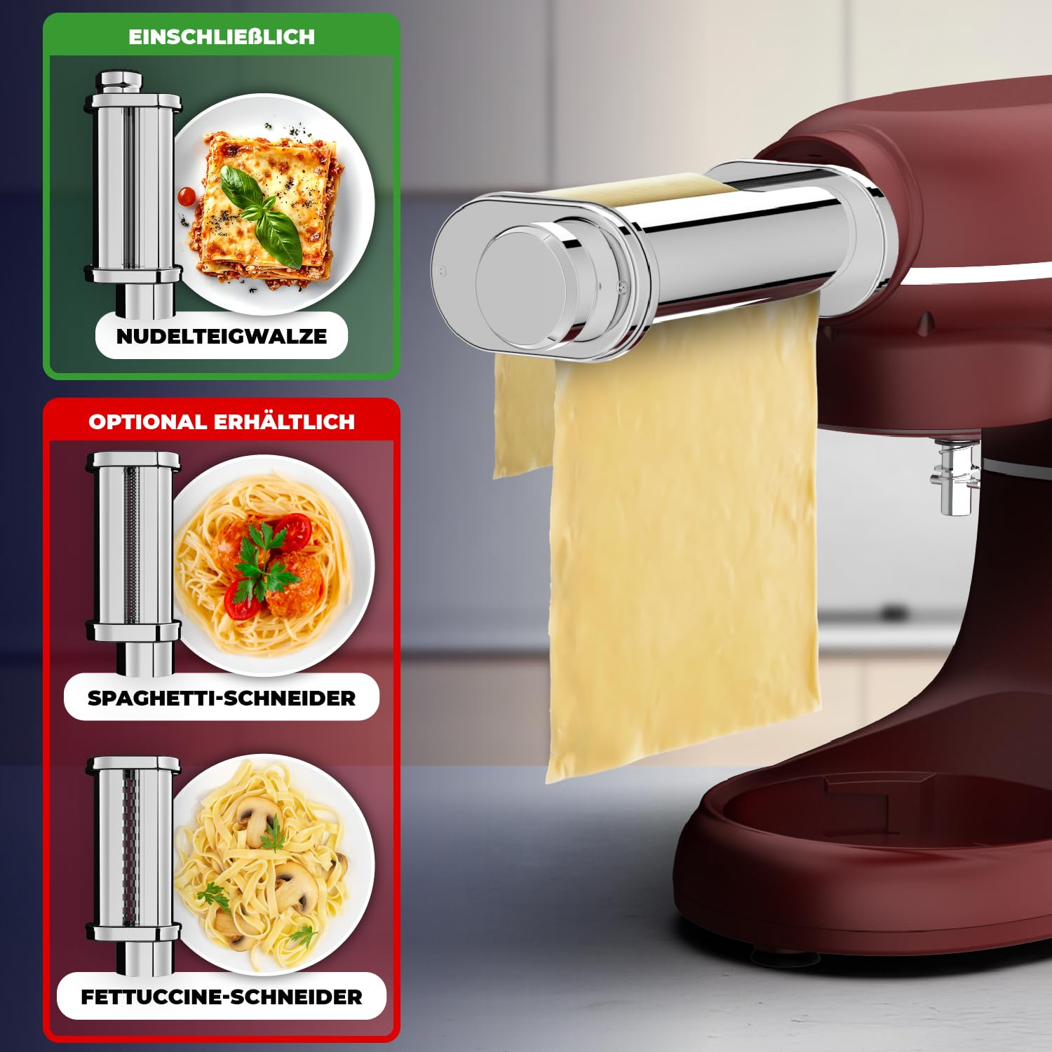 Fentic Kuchenmaschine mit Nudelmaschine – 2000W – Knetmaschine mit Nudelmaschine Elektrische – Pasta Maker - 6,2L Edelstahl Rührschüssel (Rot)