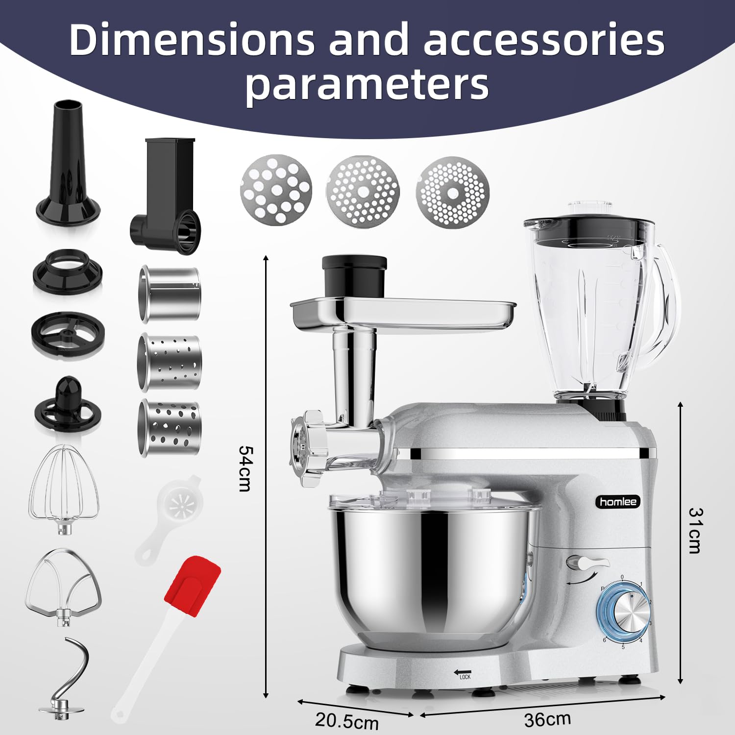 Homlee 3 in 1 Universal Küchenmaschine 2000W Multifunktionale Knetmaschine 6-stufige Gescheindigkeit Mixer, mit Fleischwolf, 1.5L Saftpresse, 5.5L Edelstahlschüssel knetmaschine