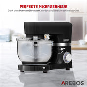 Arebos Küchenmaschine 1500W Schwarz | Knetmaschine mit 2x Edelstahl-Rührschüsseln 4,5 & 5,5L | Geräuscharm | Küchenmixer mit Rührhaken, Knethaken, Schlagbesen und Spritzschutz | 6 Geschwindigkeiten