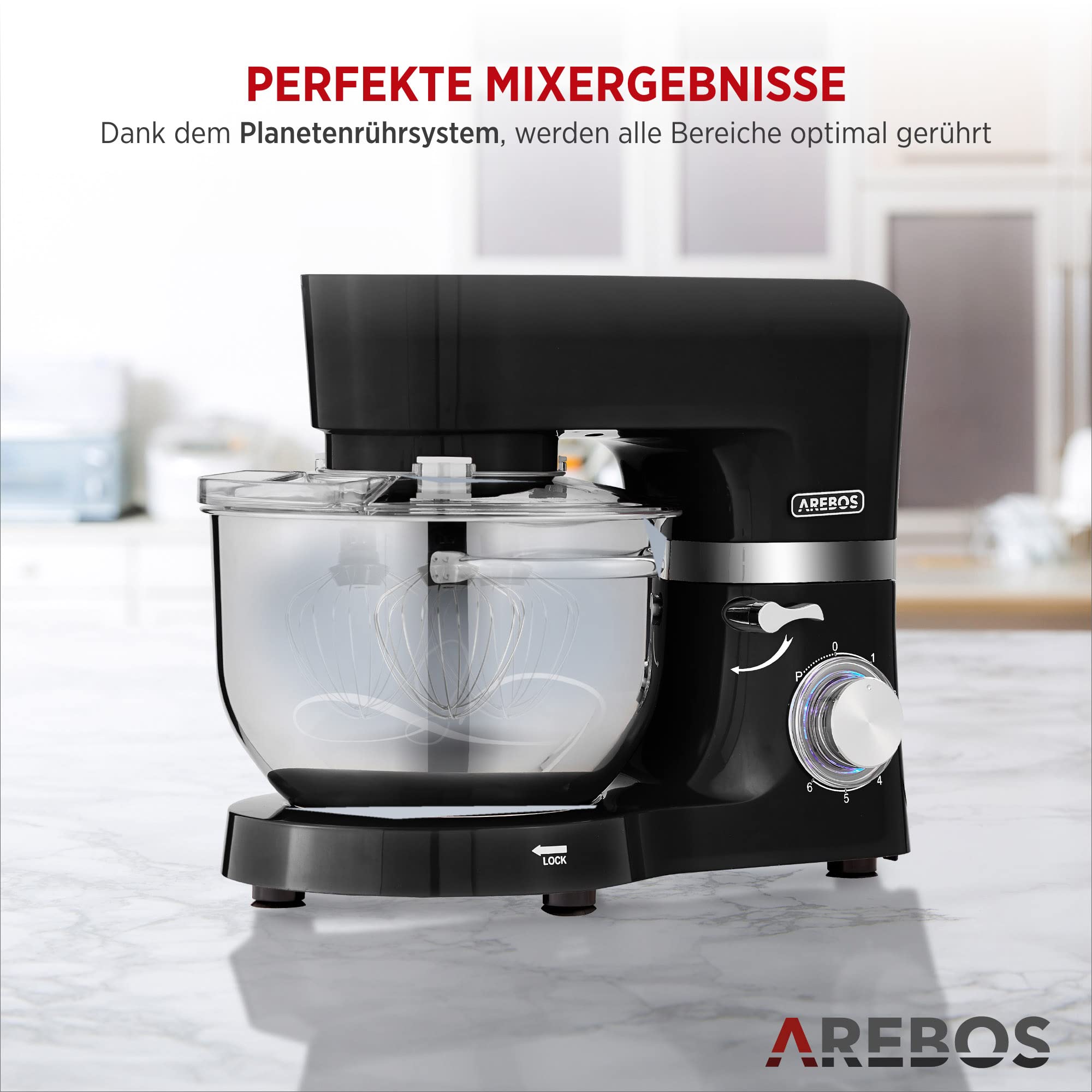 Arebos Küchenmaschine 1500W Schwarz | Knetmaschine mit 2x Edelstahl-Rührschüsseln 4,5 & 5,5L | Geräuscharm | Küchenmixer mit Rührhaken, Knethaken, Schlagbesen und Spritzschutz | 6 Geschwindigkeiten