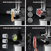 Fentic 6-in-1 Küchenmaschine – 2000W – Mit Fleischwolf, 1,5L Entsafter, Gemüseschneider und Mehr – Knetmaschine mit 6,2L Rührschüssel, Rührhaken, Knethaken, Schlagbesen und Spritzschutz (Anthrazit)