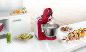 Bosch Küchenmaschine MUM5 CreationLine MUM58720,Edelstahl-Schüssel 3,9 L, Mixer 1,25 L, Planetenrührwerk,Knethaken,Schlag,Rührbesen, Durchlaufschnitzler, 3 Scheiben, 1000 W, Dunkelrot/Silber