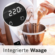 Bosch Küchenmaschine MUM5 MUM5XW20, Edelstahl-Schüssel 3,9 L, integrierte Waage, Mixer 1,25 L, Profi-Knethaken, Schnee-, Silikonbesen, Durchlaufschnitzler, 4 Scheiben, 1000 W, weiß