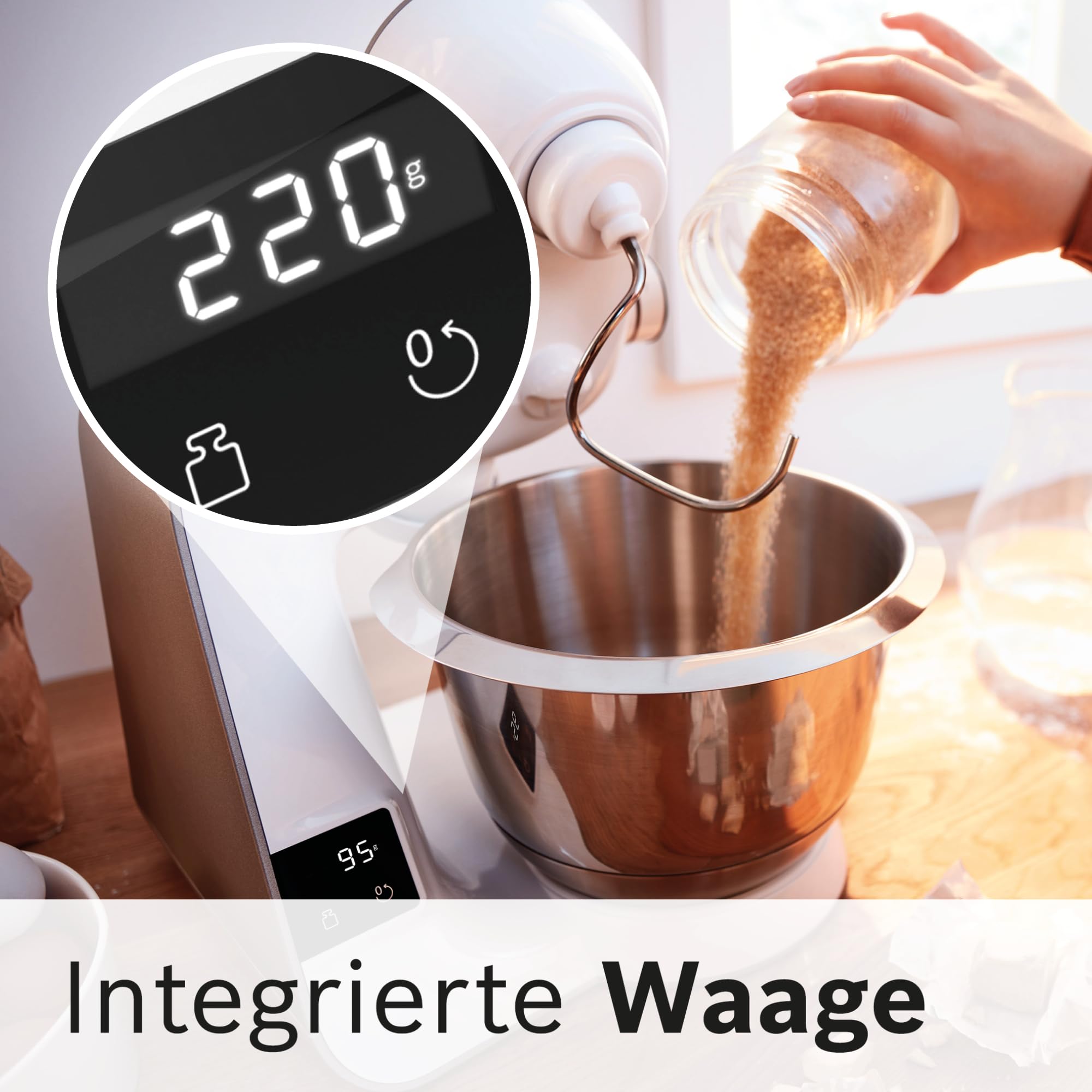 Bosch Küchenmaschine MUM5 MUM5XW20, Edelstahl-Schüssel 3,9 L, integrierte Waage, Mixer 1,25 L, Profi-Knethaken, Schnee-, Silikonbesen, Durchlaufschnitzler, 4 Scheiben, 1000 W, weiß