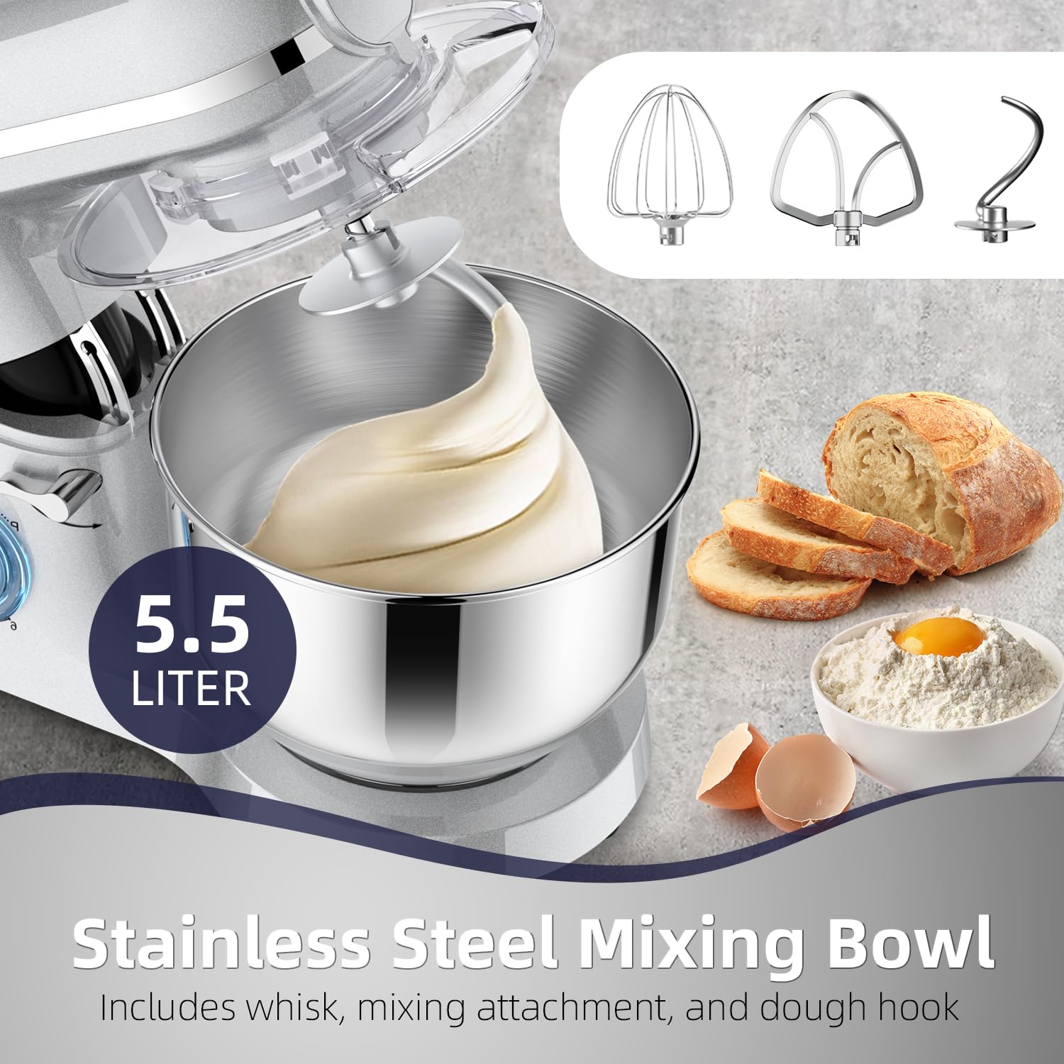 Homlee 3 in 1 Universal Küchenmaschine 2000W Multifunktionale Knetmaschine 6-stufige Gescheindigkeit Mixer, mit Fleischwolf, 1.5L Saftpresse, 5.5L Edelstahlschüssel knetmaschine