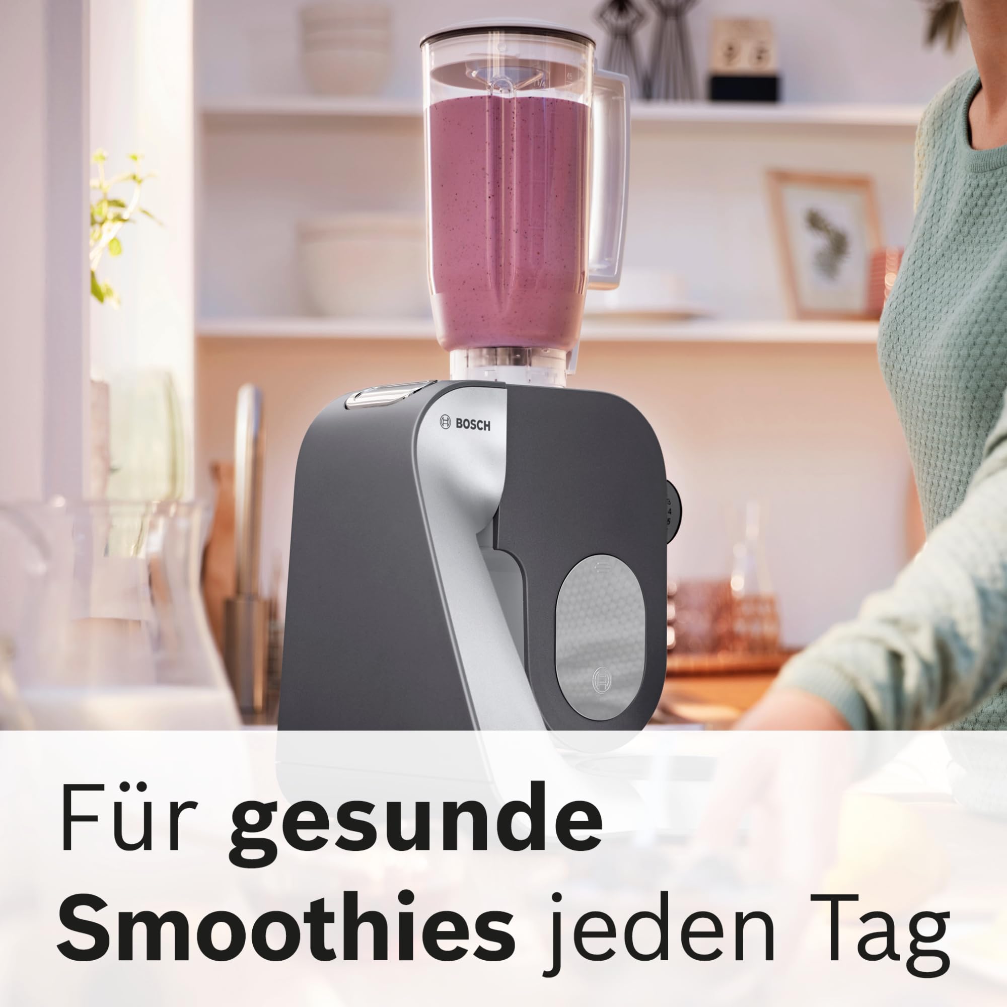 Bosch Küchenmaschine MUM5 Styline MUM56340, Schüssel 3,9 L, Mixer 1,25 L, Fleischwolf, Zitruspresse, Planetenrührwerk, Knethaken, Rührbesen, Durchlaufschnitzler, 3 Scheiben, 900 W, Anthrazit/Silber