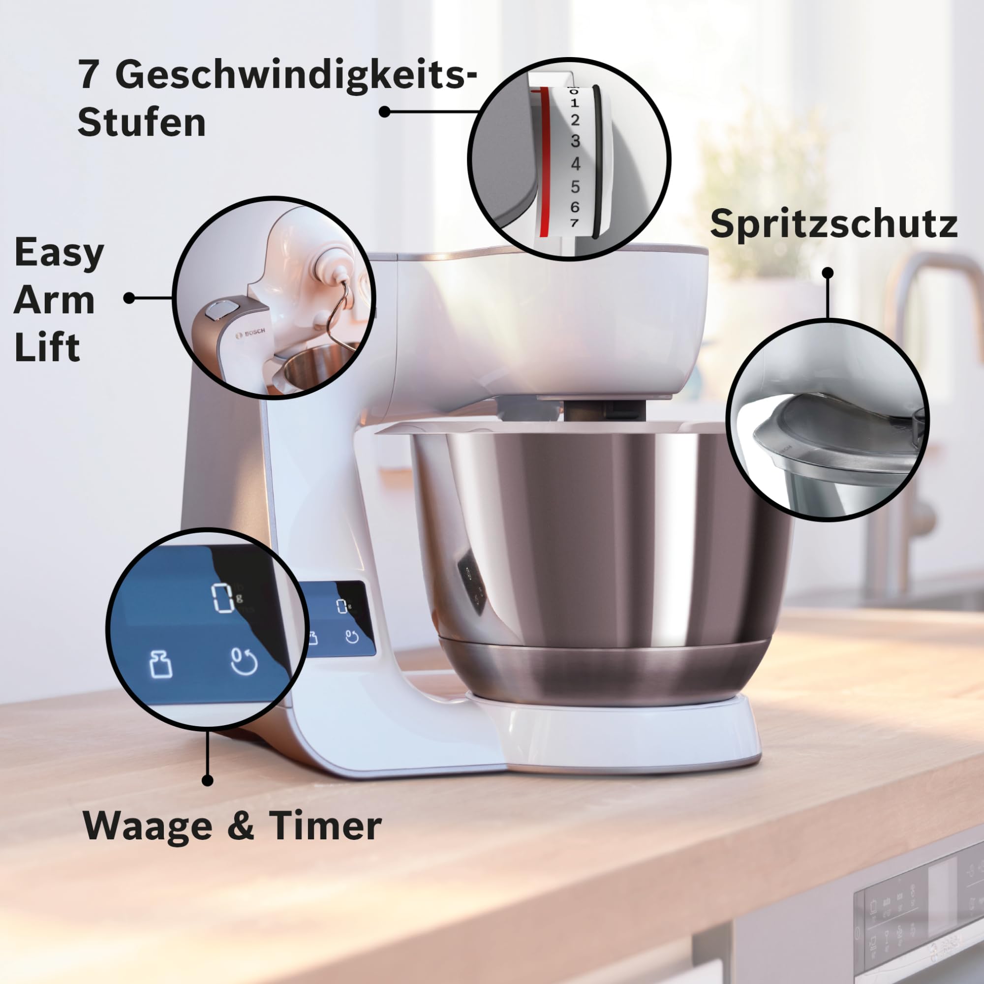 Bosch Küchenmaschine MUM5 MUM5XW20, Edelstahl-Schüssel 3,9 L, integrierte Waage, Mixer 1,25 L, Profi-Knethaken, Schnee-, Silikonbesen, Durchlaufschnitzler, 4 Scheiben, 1000 W, weiß