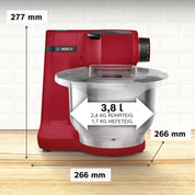 Bosch Küchenmaschine MUM Serie 2 MUMS2ER01, Edelstahl-Schüssel 3,8 L, Planetenrührwerk, Knethaken, Schlag-, Rührbesen Edelstahl, Durchlaufschnitzler, 3 Scheiben, 700 W, rot
