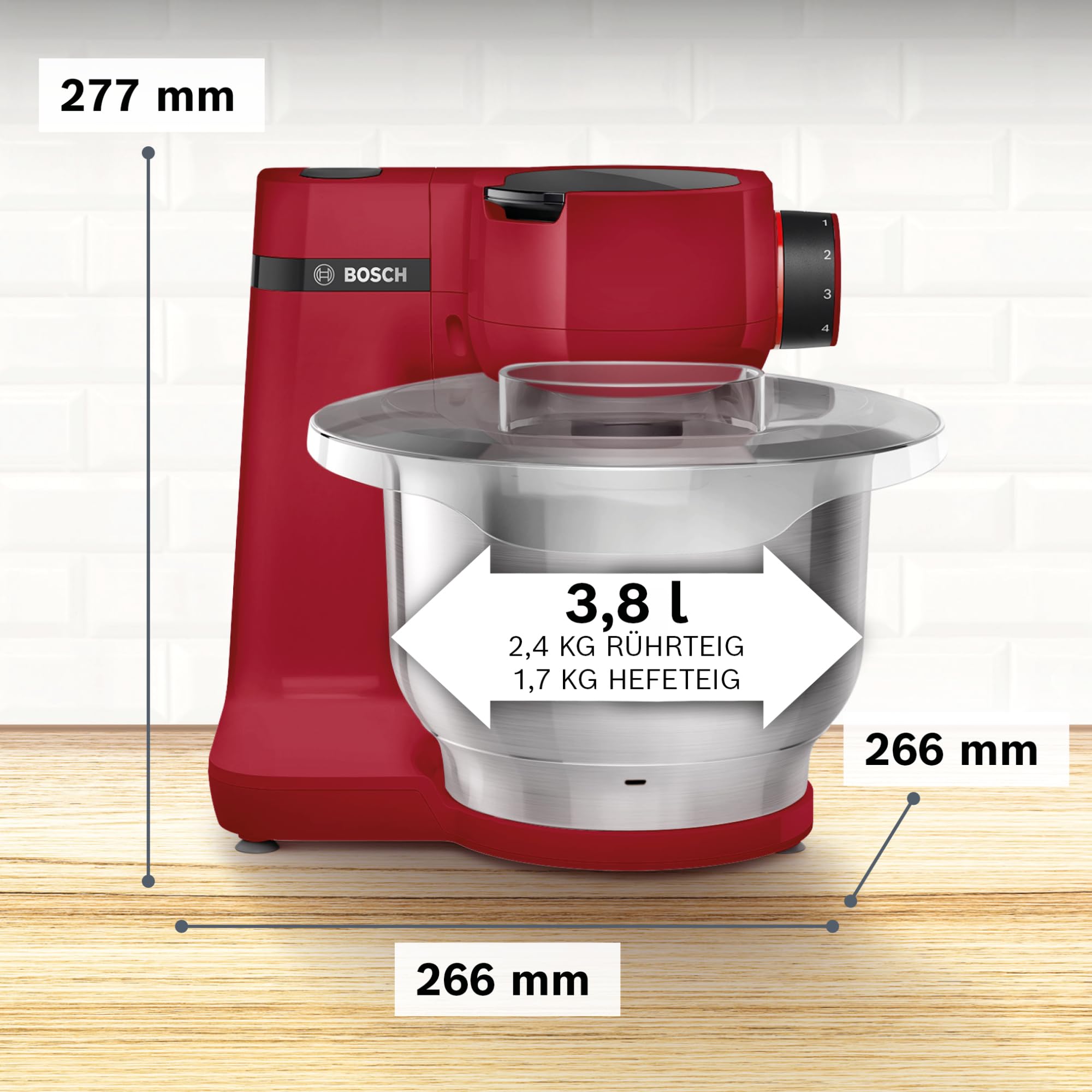 Bosch Küchenmaschine MUM Serie 2 MUMS2ER01, Edelstahl-Schüssel 3,8 L, Planetenrührwerk, Knethaken, Schlag-, Rührbesen Edelstahl, Durchlaufschnitzler, 3 Scheiben, 700 W, rot