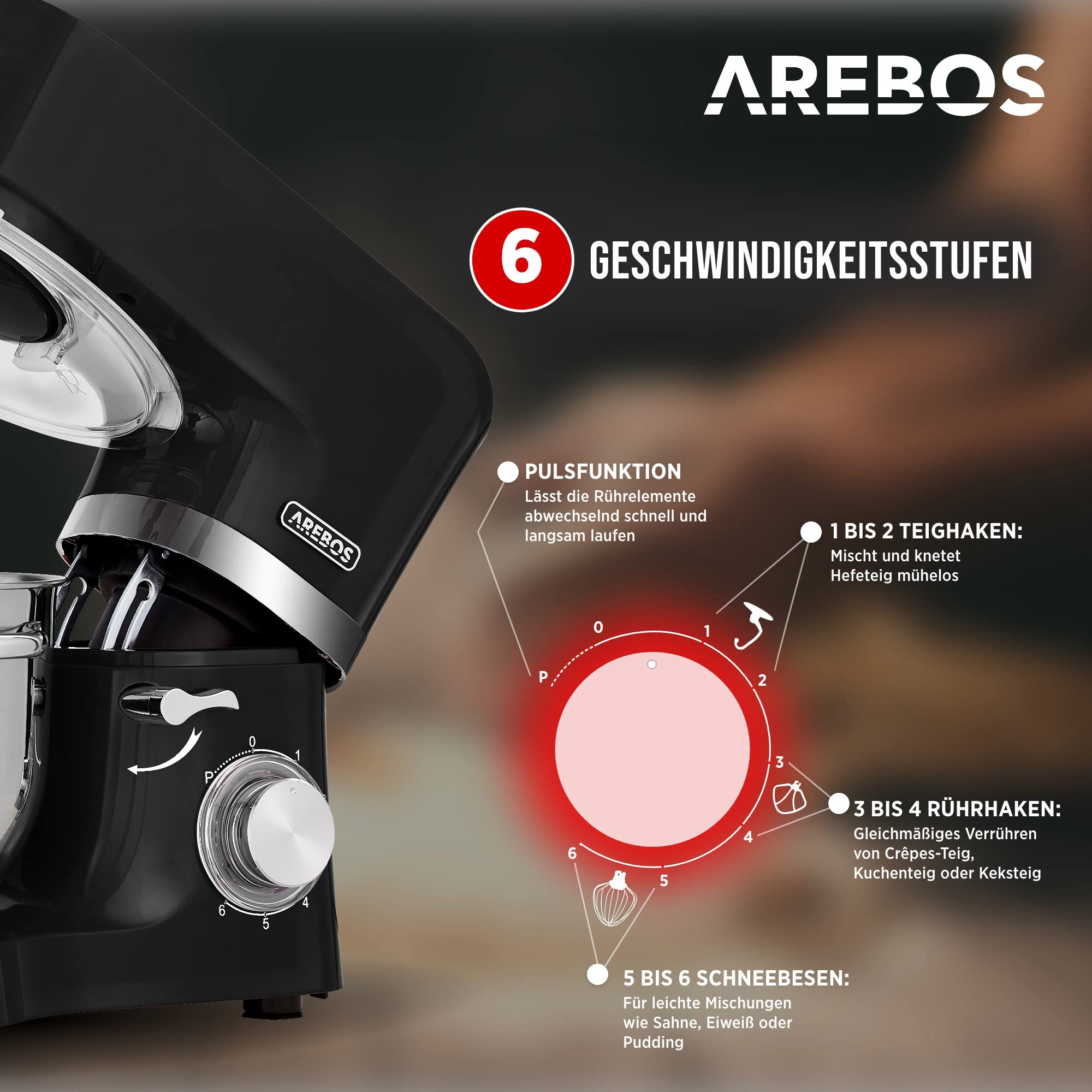 Arebos Küchenmaschine 1500W Schwarz | Knetmaschine mit 2x Edelstahl-Rührschüsseln 4,5 & 5,5L | Geräuscharm | Küchenmixer mit Rührhaken, Knethaken, Schlagbesen und Spritzschutz | 6 Geschwindigkeiten