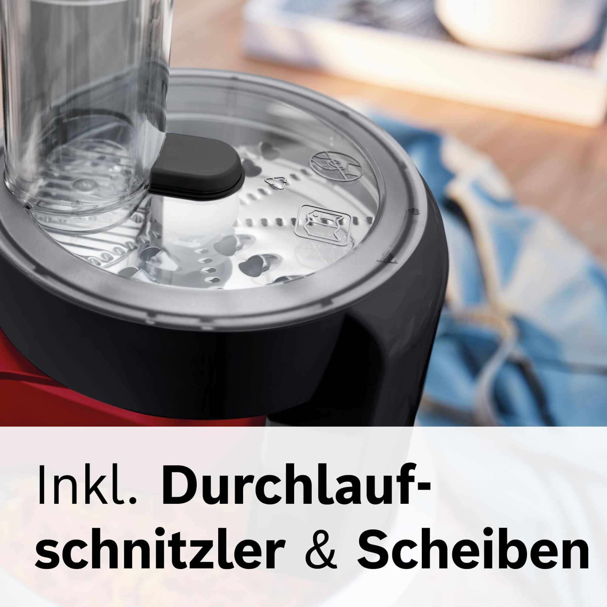 Bosch Küchenmaschine MUM Serie 2 MUMS2ER01, Edelstahl-Schüssel 3,8 L, Planetenrührwerk, Knethaken, Schlag-, Rührbesen Edelstahl, Durchlaufschnitzler, 3 Scheiben, 700 W, rot