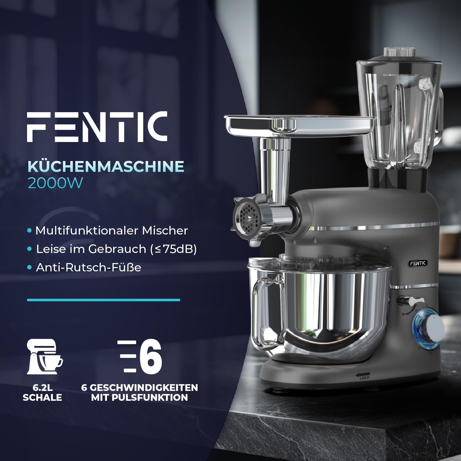 Fentic 6-in-1 Küchenmaschine – 2000W – Mit Fleischwolf, 1,5L Entsafter, Gemüseschneider und Mehr – Knetmaschine mit 6,2L Rührschüssel, Rührhaken, Knethaken, Schlagbesen und Spritzschutz (Anthrazit)