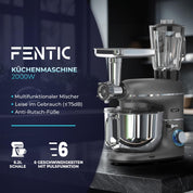 Fentic 6-in-1 Küchenmaschine – 2000W – Mit Fleischwolf, 1,5L Entsafter, Gemüseschneider und Mehr – Knetmaschine mit 6,2L Rührschüssel, Rührhaken, Knethaken, Schlagbesen und Spritzschutz (Anthrazit)