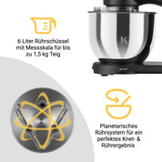 KLAMER Küchenmaschine 1800W, Knetmaschine Brotteig mit Edelstahl-Rührschüssel 6 L, 10 Stufen mit Timer, Planetenrührwerk, Rührbesen, Knethaken, Schneebesen & Sichtdeckel (schwarz)