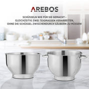 Arebos Küchenmaschine 1500W Schwarz | Knetmaschine mit 2x Edelstahl-Rührschüsseln 4,5 & 5,5L | Geräuscharm | Küchenmixer mit Rührhaken, Knethaken, Schlagbesen und Spritzschutz | 6 Geschwindigkeiten