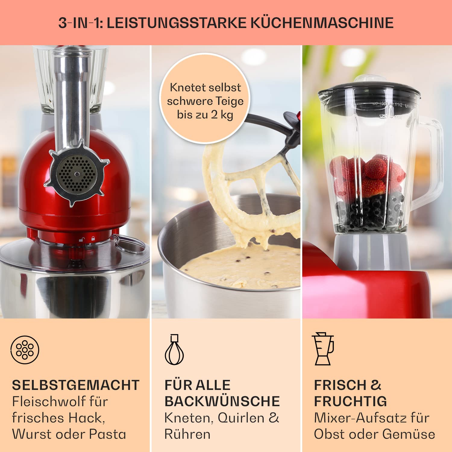 Klarstein Knetmaschine Küchenmaschine mit Fleischwolf, 2000W Teigmaschine Klein, 6 Stufen, Schneebesen Rühr- & Knethaken, Planetenrührwerk, Rührmaschine mit Mixer, Küchenmaschinen mit 5L Schüssel