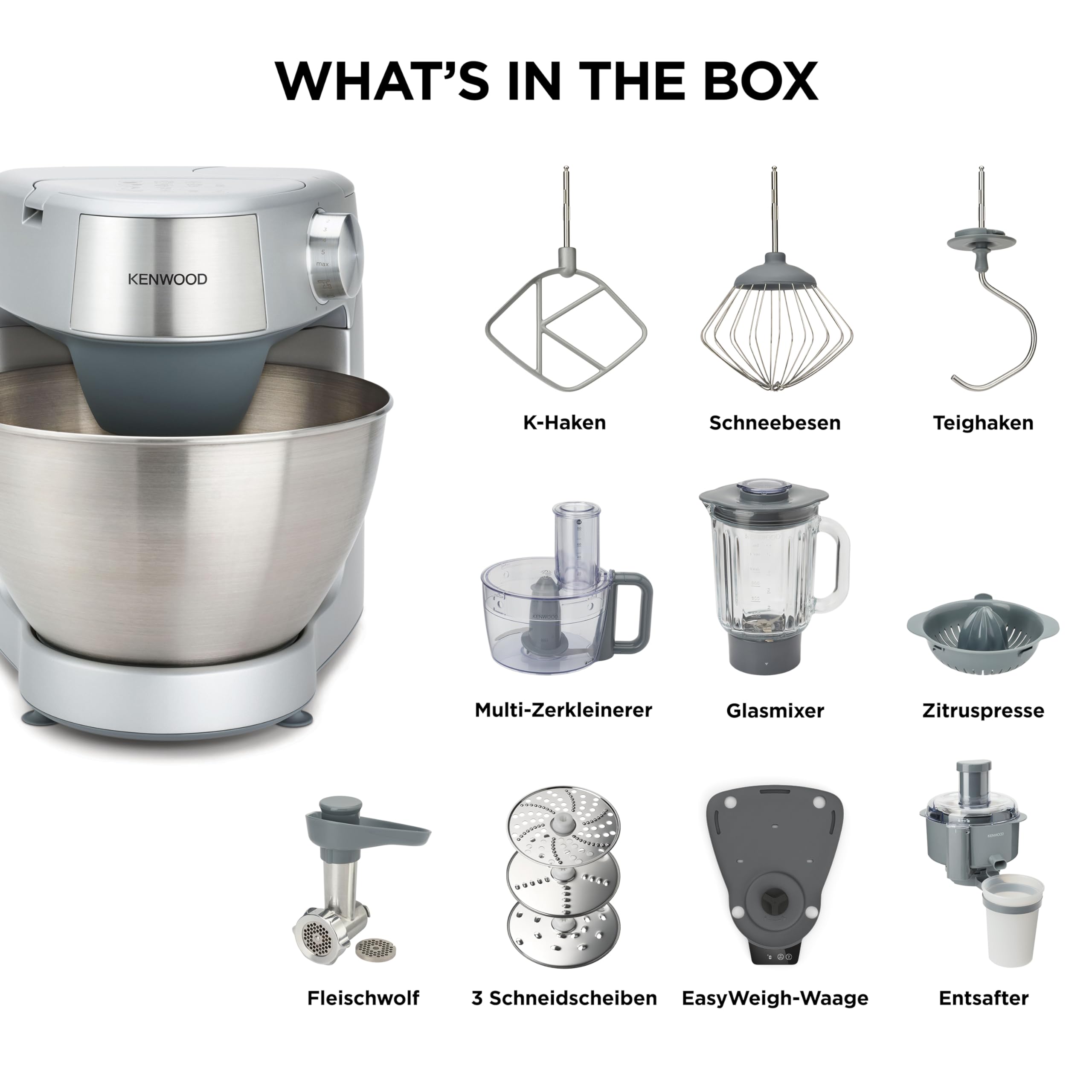 Kenwood Prospero+ KHC29A.R0SI Küchenmaschine, 4,3 L Edelstahlschüssel, inkl. 10-teiligem Zubehör-Set mit Fleischwolf, Glas-Mixer, Zitruspresse, Entsafter und mehr, inkl. EasyWeigh Waage, 1000W, Silber