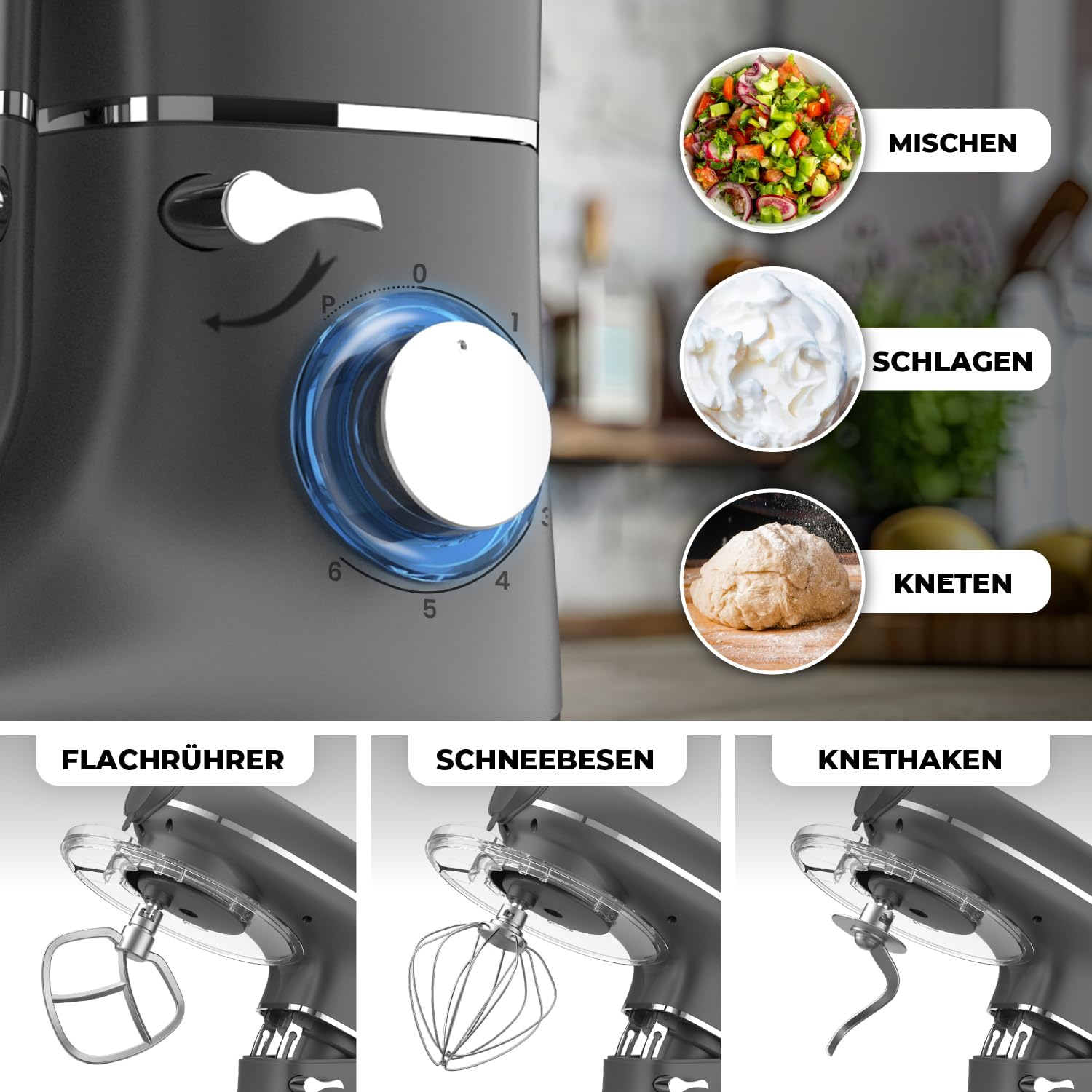 Fentic 6-in-1 Küchenmaschine – 2000W – Mit Fleischwolf, 1,5L Entsafter, Gemüseschneider und Mehr – Knetmaschine mit 6,2L Rührschüssel, Rührhaken, Knethaken, Schlagbesen und Spritzschutz (Anthrazit)