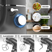 Fentic 6-in-1 Küchenmaschine – 2000W – Mit Fleischwolf, 1,5L Entsafter, Gemüseschneider und Mehr – Knetmaschine mit 6,2L Rührschüssel, Rührhaken, Knethaken, Schlagbesen und Spritzschutz (Anthrazit)