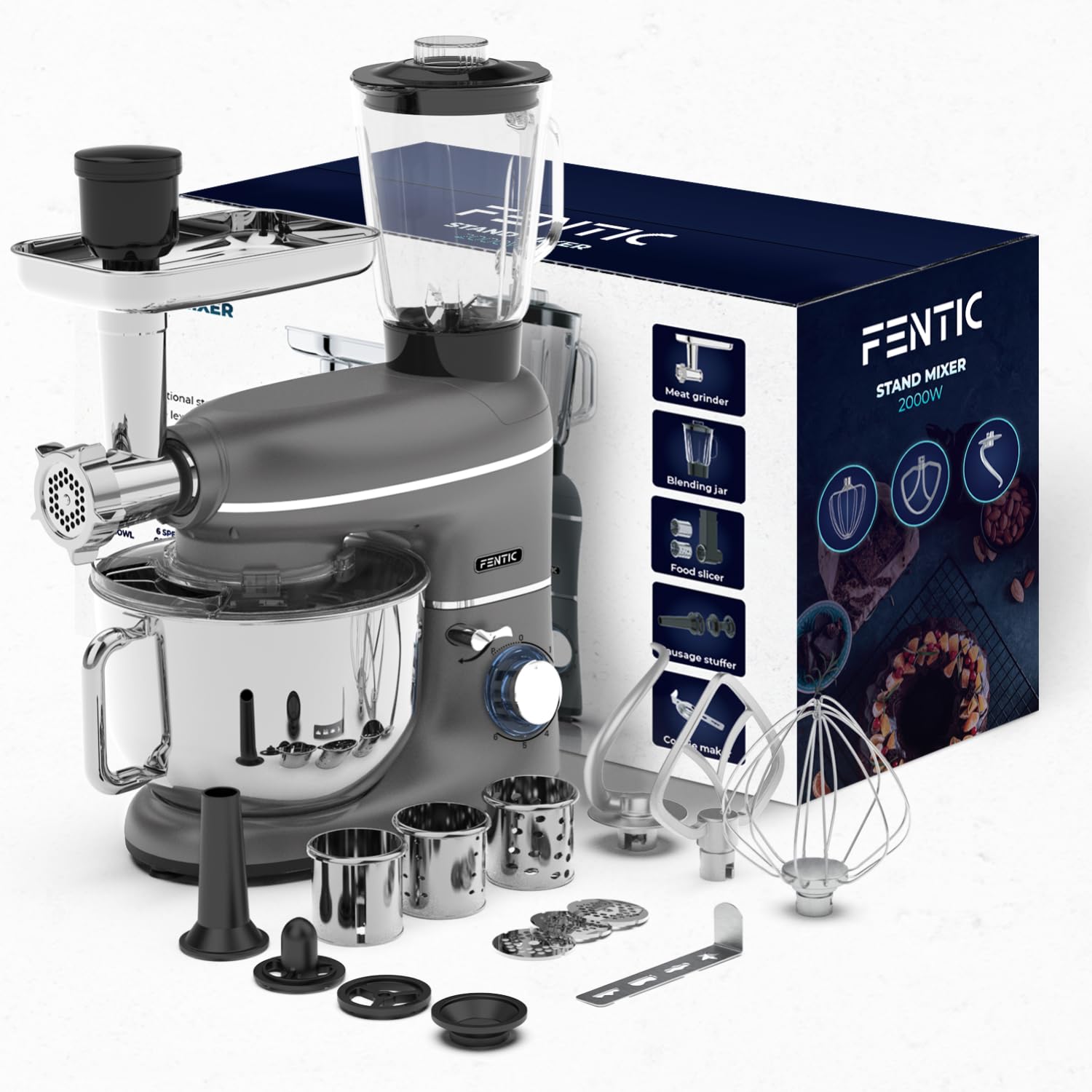 Fentic 6-in-1 Küchenmaschine – 2000W – Mit Fleischwolf, 1,5L Entsafter, Gemüseschneider und Mehr – Knetmaschine mit 6,2L Rührschüssel, Rührhaken, Knethaken, Schlagbesen und Spritzschutz (Anthrazit)