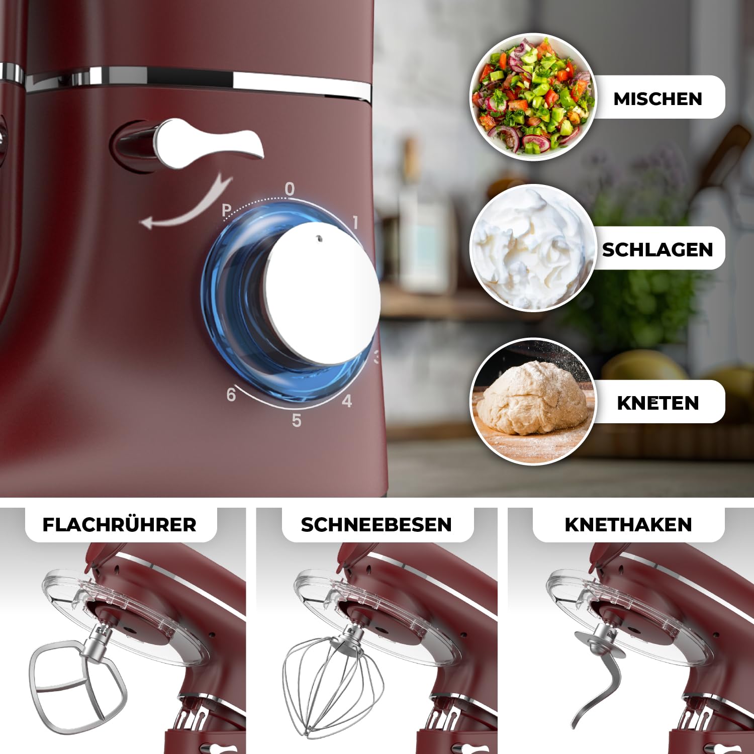 Fentic Kuchenmaschine mit Nudelmaschine – 2000W – Knetmaschine mit Nudelmaschine Elektrische – Pasta Maker - 6,2L Edelstahl Rührschüssel (Rot)