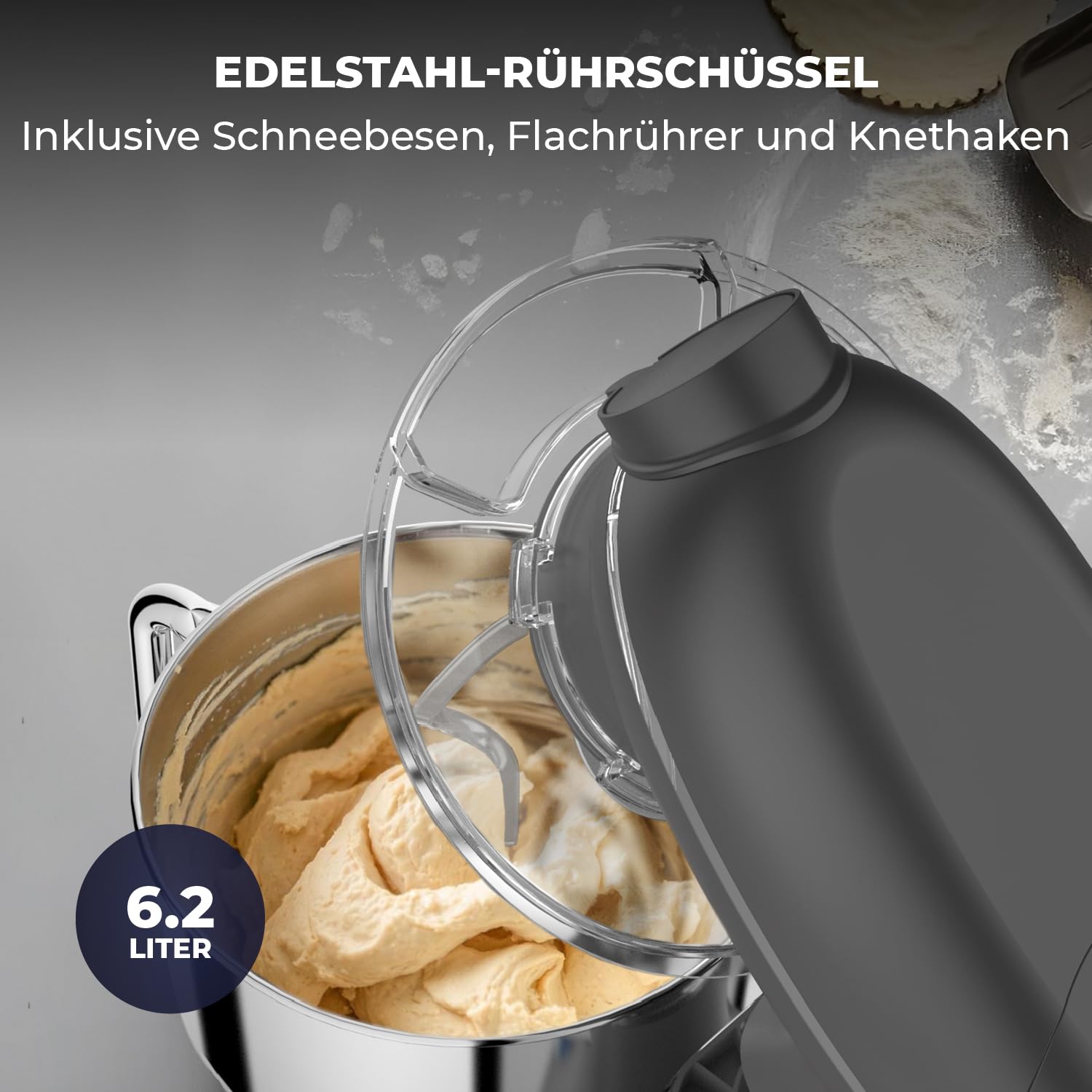 Fentic 6-in-1 Küchenmaschine – 2000W – Mit Fleischwolf, 1,5L Entsafter, Gemüseschneider und Mehr – Knetmaschine mit 6,2L Rührschüssel, Rührhaken, Knethaken, Schlagbesen und Spritzschutz (Anthrazit)