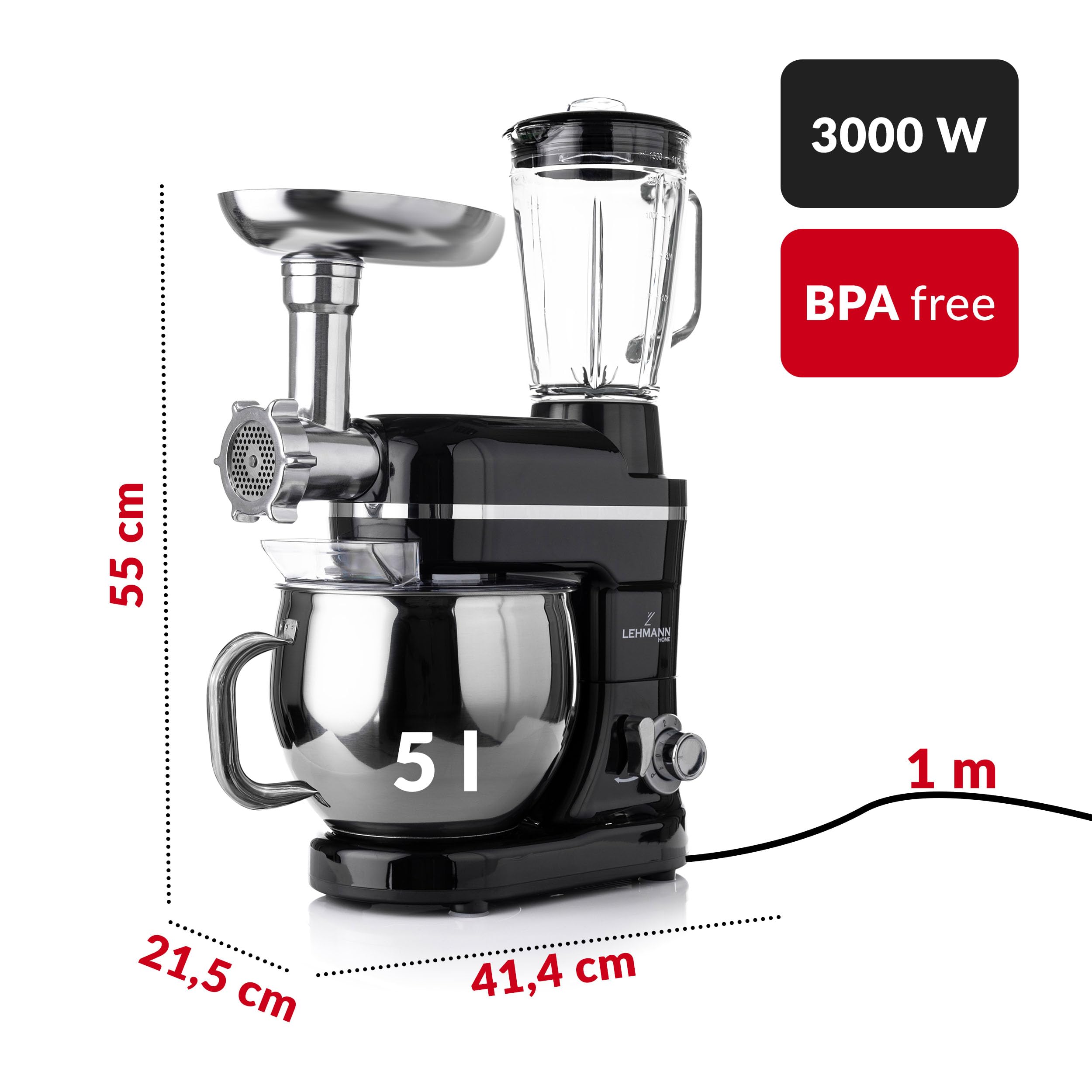 LEHMANN 3 in 1 Multifunktions Küchenmaschine mit Fleischwolf und 1.5L Standmixer, 3000W, Knetmaschine mit 5L Edelstahlschüssel, 6 Geschwindigkeiten und Pulse, Rührmaschine mit großem Zubehör-Set