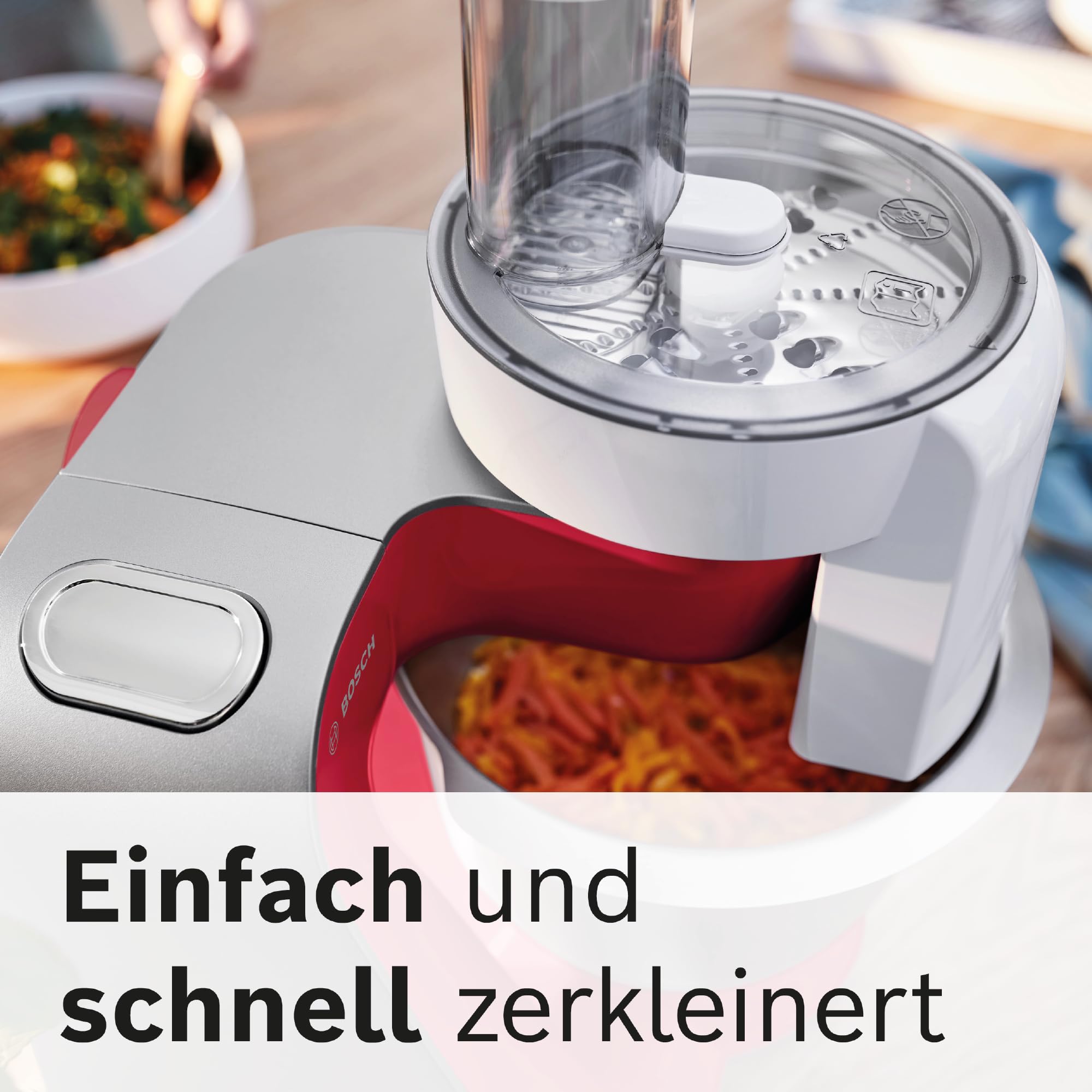 Bosch Küchenmaschine MUM5 CreationLine MUM58720,Edelstahl-Schüssel 3,9 L, Mixer 1,25 L, Planetenrührwerk,Knethaken,Schlag,Rührbesen, Durchlaufschnitzler, 3 Scheiben, 1000 W, Dunkelrot/Silber