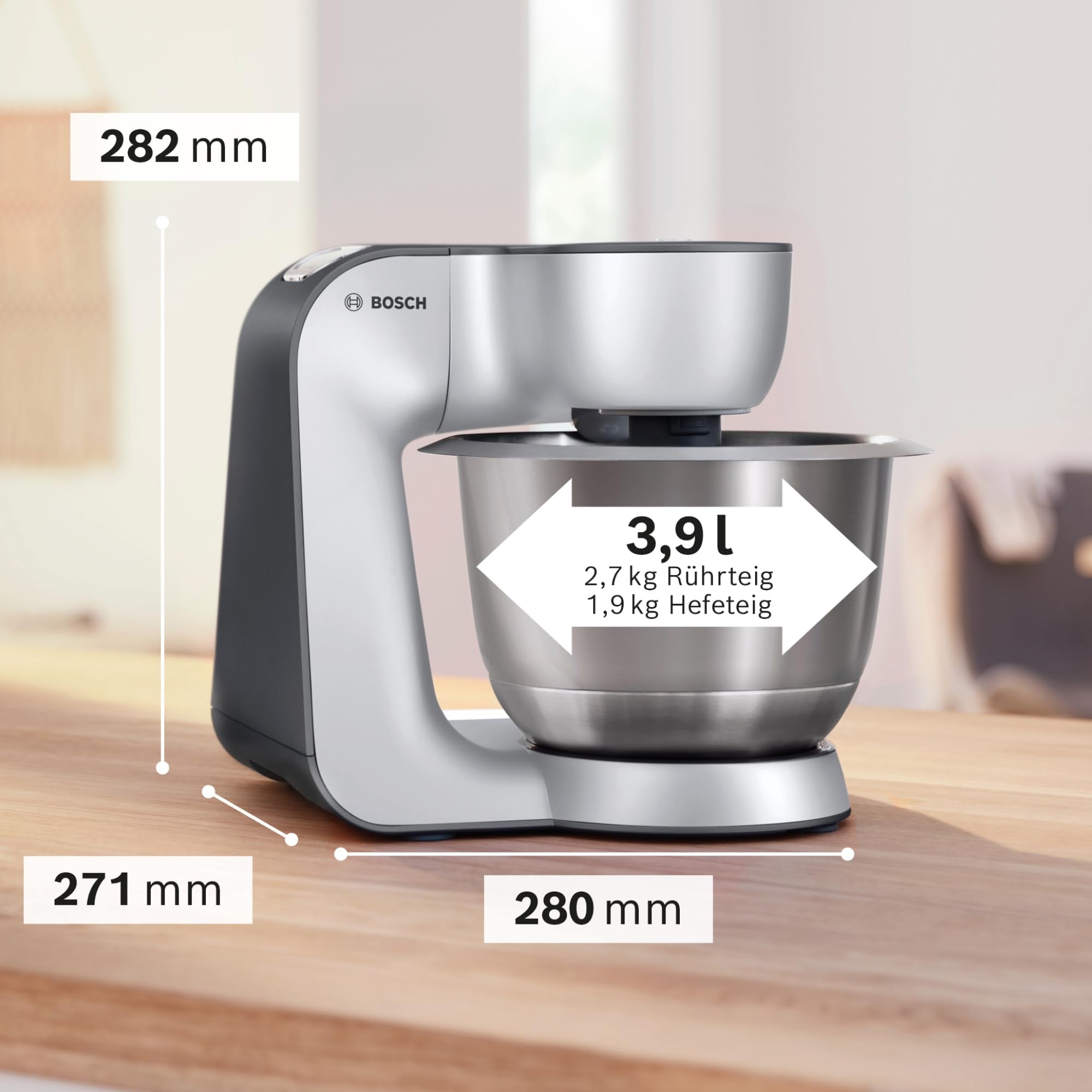Bosch Küchenmaschine MUM5 Styline MUM56340, Schüssel 3,9 L, Mixer 1,25 L, Fleischwolf, Zitruspresse, Planetenrührwerk, Knethaken, Rührbesen, Durchlaufschnitzler, 3 Scheiben, 900 W, Anthrazit/Silber