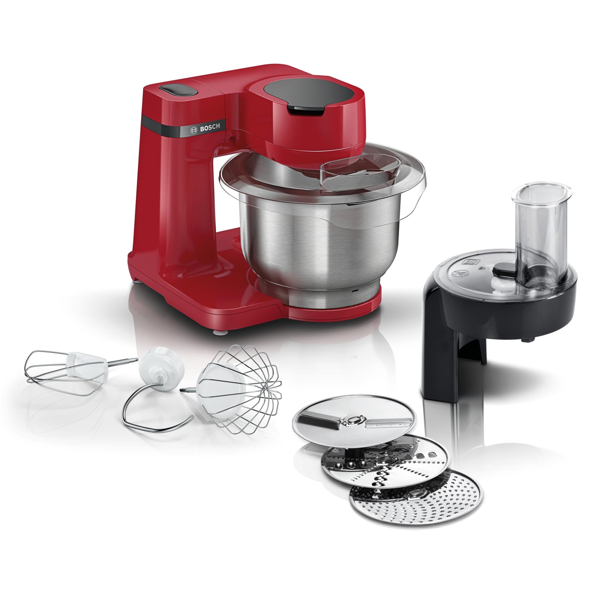 Bosch Küchenmaschine MUM Serie 2 MUMS2ER01, Edelstahl-Schüssel 3,8 L, Planetenrührwerk, Knethaken, Schlag-, Rührbesen Edelstahl, Durchlaufschnitzler, 3 Scheiben, 700 W, rot