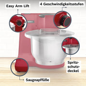 Bosch Küchenmaschine MUM Serie 2 MUMS2ER01, Edelstahl-Schüssel 3,8 L, Planetenrührwerk, Knethaken, Schlag-, Rührbesen Edelstahl, Durchlaufschnitzler, 3 Scheiben, 700 W, rot