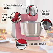 Bosch Küchenmaschine MUM5 CreationLine MUM58720,Edelstahl-Schüssel 3,9 L, Mixer 1,25 L, Planetenrührwerk,Knethaken,Schlag,Rührbesen, Durchlaufschnitzler, 3 Scheiben, 1000 W, Dunkelrot/Silber