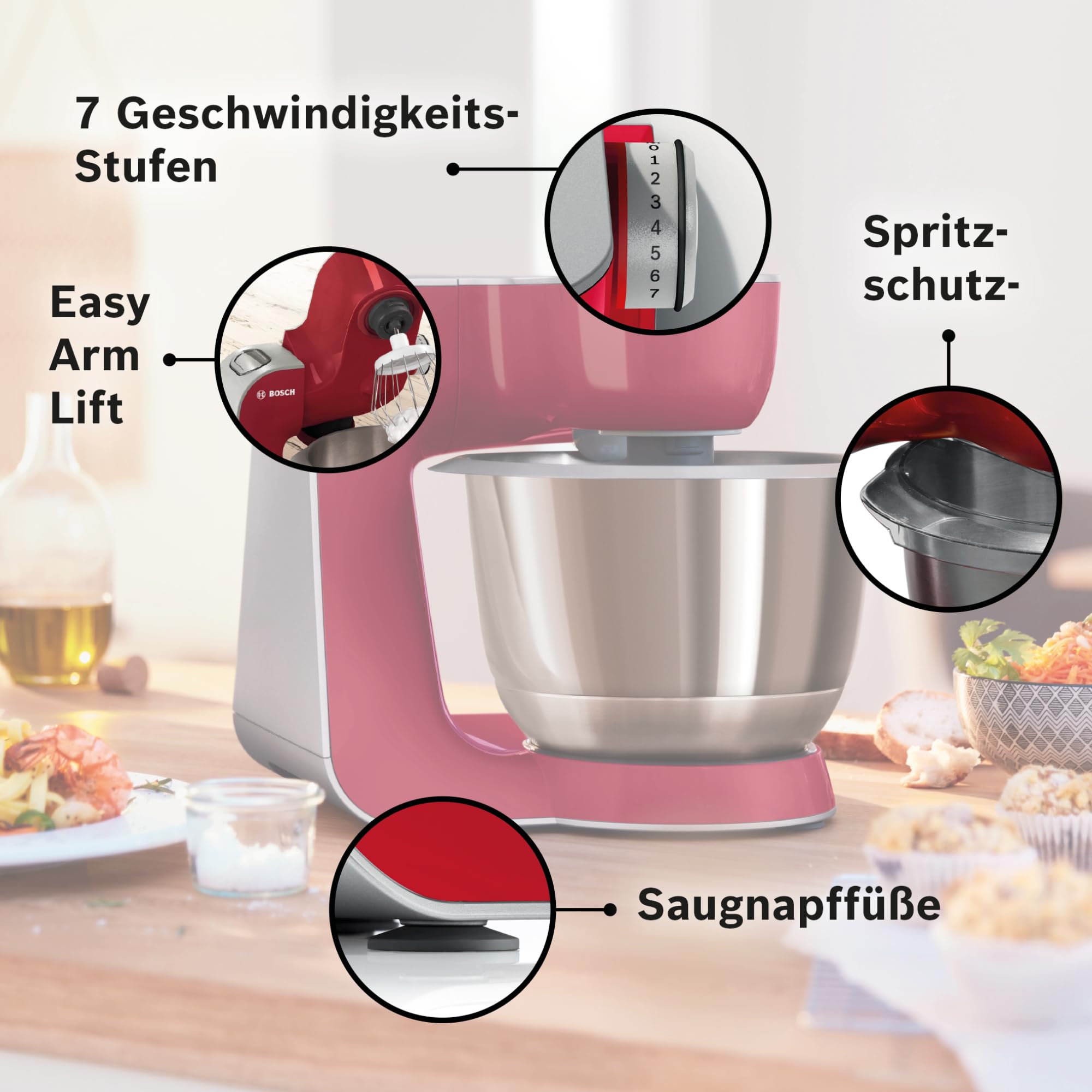 Bosch Küchenmaschine MUM5 CreationLine MUM58720,Edelstahl-Schüssel 3,9 L, Mixer 1,25 L, Planetenrührwerk,Knethaken,Schlag,Rührbesen, Durchlaufschnitzler, 3 Scheiben, 1000 W, Dunkelrot/Silber