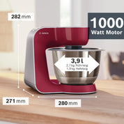 Bosch Küchenmaschine MUM5 CreationLine MUM58720,Edelstahl-Schüssel 3,9 L, Mixer 1,25 L, Planetenrührwerk,Knethaken,Schlag,Rührbesen, Durchlaufschnitzler, 3 Scheiben, 1000 W, Dunkelrot/Silber